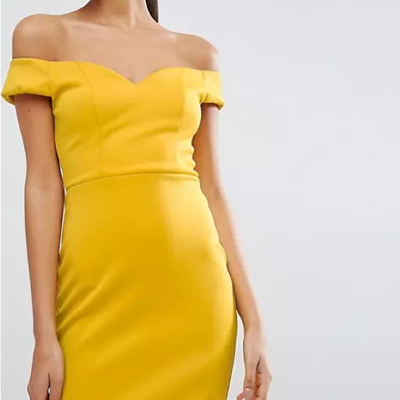 NWT ASOS Mustard Yellow Bardot Sweetheart Off the Shoulder Midi Dress - Picture 3 of 9